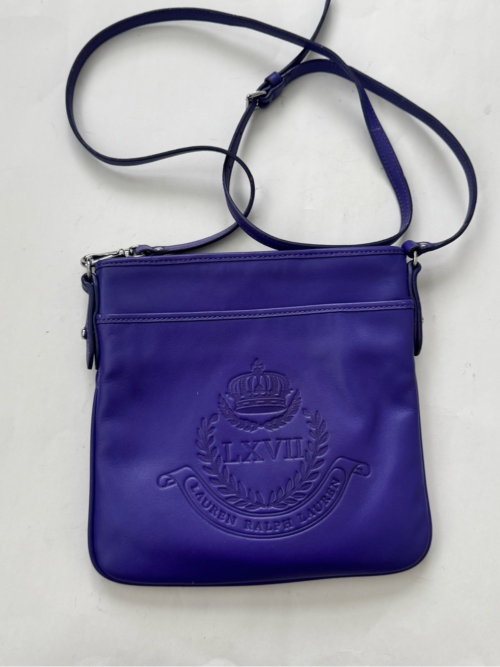 Lauren Ralph Lauren LXVII Crest Purple Leather Crossbody Bag Embossed Logo Purse